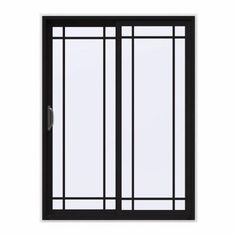 an open glass door with black frame and side panels on a white wall, viewed from the outside