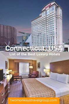 a hotel room with a bed and desk in front of a large window that reads connect usa