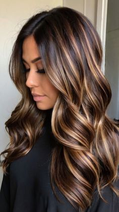 "10 Trendy Autumn Hair Colors for Brunettes this Homecoming" Black Hair With Soft Highlights, Two Tone Highlights For Brown Hair, Full Head Of Highlights On Dark Brown Hair, Dark Brown To Caramel Balayage, Highlight Colors For Dark Brown Hair, Cool Fall Hair Color, Bayalage Brunette Chocolate, Fall Colors For Hair, Balayage Hair On Brown Hair