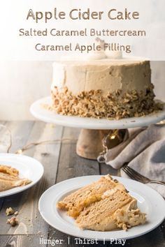 an apple cider cake with salted caramel buttercream and caramel apple filling