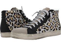 P448 Skatebs - Women's Shoes : Leo/Sand : Make a statement in the bold and fun P448 Skatebs. Black, off white and gold leopard, printed leather outer side upper. Silver python skin printed leather inner side upper. Silver lace-up fastening. Interior zipper closure. Comes with an additional pair of grey laces. Sand tone glitter leather tongue and toe. Black leather trim and heel tab. P448 customized rubber cupsole. Strategically distressed sole for a live-in look. Upper made from textile and synt Leopard Print High-top Leather Sneakers, Fall Leopard Print Lace-up Sneakers, Women Skates, Python Skin, Silver Lace, Printed Leather, Leather Trim, Product Reviews, Python