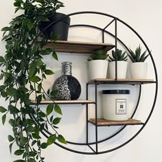 a circular metal shelf with potted plants and candles on it next to a white wall