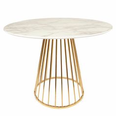 a white marble top table with gold metal legs and a circular base, on a white background