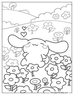 an elephant in the field with flowers and hearts on it's head coloring page