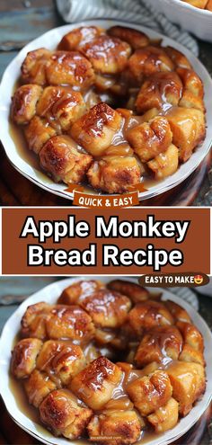 an apple monkey bread recipe on a white plate