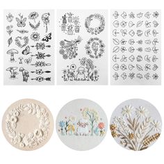 four different types of embroidery designs on white paper with flowers and leaves in the center