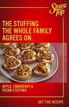 an advertisement for apple cranberry and pecan stuffing on a platter with the title'the stuffing the whole family agrees on '