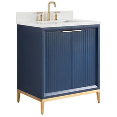 a bathroom vanity with a gold faucet and blue painted wood cabinet, white counter top