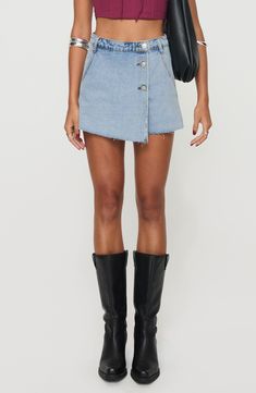 Fall for the wrapped silhouette of this stem-showing skort crafted from faded nonstretch denim. 13" length (size US 4) Front button closure Front slant pockets; back patch pockets 100% cotton Machine wash, tumble dry Imported Spring Denim Skort With Built-in Shorts, Denim Skort With Built-in Shorts For Spring, Fitted Denim Skort With Built-in Shorts, Denim Mini Skirt With Built-in Shorts, Trendy Denim Skort With Built-in Shorts, Denim Blue Cotton Skort, Short Length, Denim Blue Cotton Skort Of Short Length, Denim Blue Cotton Skort In Short Length, Denim Blue Cotton Skort