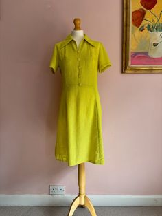 Classic late 60s  dress - homemade and easy to wear, easy to clean, non iron fabric of the period - crimpolene! Side zip opening. note: there is a small black mark on the side of the dress - not that noticeable  Chest 36" Waist 32" Length 38" Yellow Vintage Short Sleeve Dress For Spring, Fitted Yellow Vintage Dress For Summer, 1950s Style Summer Workwear Dresses, Retro Mustard Dresses For Spring, Yellow Vintage Fashion Dress, Yellow Vintage Dress For Summer Daywear, Vintage Mustard Dress For Spring, Yellow Retro Dress For Vintage Fashion, Yellow Short Sleeve Vintage Dress For Spring