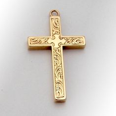 "Vintage 14 K (.585) yellow gold cross pendant, decorated with engraved scroll patterns. Inscribed \"Virginia\" on the back. This darling cross is 1 1/2\" long, 1\" wide and weighs 5.4 grams. EA2055" Agent May, Engraved Cross, Insurance Claim, Antique Jewelry Necklace, Scroll Pattern, Antique Show, Gold Cross Pendant, Insurance Policy, Gold Cross