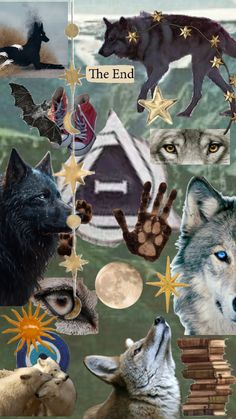 a collage of wolfs and stars with the words the end written on them