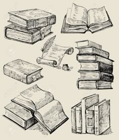 hand drawn books on white background with clippings and pencil drawing, graphic design, book