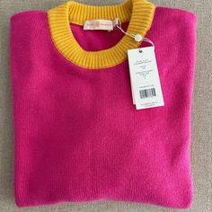 Tory Burch Colorblock Cashmere Sweater In Bright Pink And Lemon. Size L. 100% Cashmere. Brand New, Tags On. Realistic Fashion, Fiber Arts, Cashmere Sweater, Cashmere Sweaters, Colorful Sweaters, Bright Pink, Pink Yellow, Fiber Art, Penny