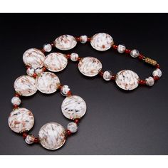 "Venetian Murano Summerso Beaded Necklace Handcrafted from clear glass encasing white swirls and aventurine Disc Shaped and 5mm round Murano beads Accented with small red glass beads and gold filigree bead caps 18\" with barrel clasp Excellent condition Beautiful artistry from the glass makers in Italy" Disc Necklace, Gold Filigree, Bead Caps, Red Glass, Chain Styles, Favorite Jewelry, Clear Glass, Glass Beads, Beaded Necklace