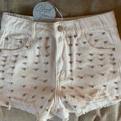 Brand New Never Worn White Rhinestone Jean Shorts. Purchased For My Bachelorette But Changed My Mind. Spring Rhinestone Shorts For Night Out, Spring Night Out Shorts With Rhinestones, Embellished White Bottoms For Summer, White Embellished Bottoms For Summer, Rhinestone Shorts For Spring, Rhinestone Embellished Shorts For Night Out, Spring Bottoms With Rhinestones, Short Style, Rhinestone Embellished Shorts For Spring, Short Rhinestone Bottoms For Night Out