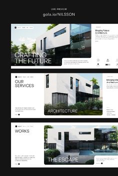 the website design for an architecture firm is shown in black and white, with three horizontal banners