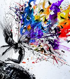 an artistic painting with birds and paint splatters