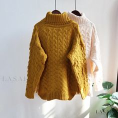 Lasaky - Premium Knit Sweater with Thickened High Neck, Twisted Rope Design, Vintage Loose Fit, and Knitted Texture Long Sleeve Soft Knit Acrylic Sweater, Yellow Acrylic Sweater For Winter, Yellow Acrylic Winter Sweater, Yellow Knit Top For Winter, Fall Soft Knit Sweater In Acrylic Yarn, Winter Yellow Knit Top, Yellow Knitted Long Sleeve Sweater, Yellow Long Sleeve Knitted Sweater, Textured Knit Pattern For Winter