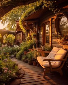 a wooden bench sitting on top of a lush green hillside next to a house covered in plants