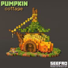 an image of a pumpkin cottage made out of legos and blocks with the words pumpkin cottage on it