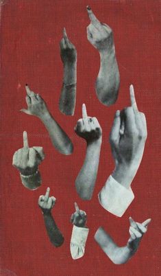 an old book with many different hands and feet on red paper in front of a black background