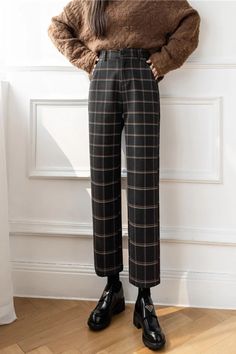 High Waist Elegant Plaid Office Long Pants – Tomscloth Plaid Pants High Waisted, Business Professional Outfits Plaid Pants, High Waist Plaid Pants, Therapist Outfits Women Fall, Plaid Trousers Women, Plaid Work Pants Outfit, Optician Outfits, Black Plaid Pants Outfit Work, Barista Work Outfit