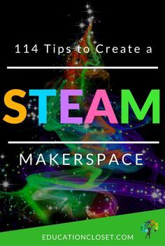 the words steam makerspace are in front of a black background with stars and sparkles