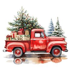 an old red truck with a christmas tree in the back