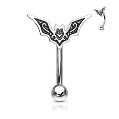 a silver belly ring with a bat design on the top and a ball at the bottom