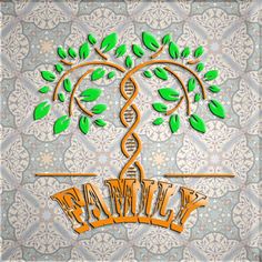 an image of a tree with the word family spelled in gold and green on it