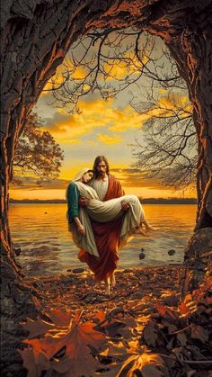 jesus carrying the body of jesus through a cave in autumn leaves, with trees and water behind him