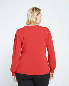 Going to work? Going to dinner? This top works overtime and can be worn to both. Made from a drapey fine crepe jersey, it features a crossover front and an elegantly skimming silhouette. The flowy look is so luxe and the cuffed sleeves have just the right volume. Puffer Vest Fashion, Vermilion Red, Athleisure Pants, Weekend Dresses, Ponte Pants, Vest Fashion, Petite Jeans, Blazer Fashion, Everyday Dresses