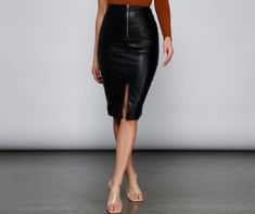 Sleek Knee-length Faux Leather Skirt, Faux Leather Knee-length Pencil Skirt For Night Out, Knee-length Faux Leather Pencil Skirt For Night Out, Chic Knee-length Faux Leather Skirt, Faux Leather Knee-length Skirt For Work, Knee-length Faux Leather Skirt For Work, Knee-length Faux Leather Bottoms For Night Out, Sleek Pencil Skirt For Date Night In Spring, Knee-length Faux Leather Bottoms For Spring