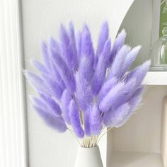 purple feathers are in a white vase on a shelf next to an empty glass bottle