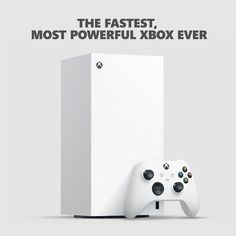 a white xbox game console next to a video game controller that says, the fastest, most powerful xbox ever