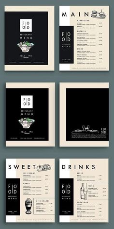 a set of four black and white business cards with the words sweet drinks on them