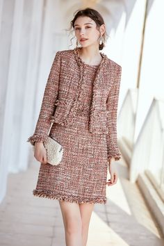 FashionByTeresa pink tweed dress with jacket Crew neckline Cap sleeves A-line silhouette Hem hits about at the knee. Back zip Polyester 83.8% Acrylic 7.6% Others 8.6% Polyester/spandex lining Dry clean Imported Tweet Dresses Chanel, Channel Tweed Outfit, One Piece With Jacket, Tweed Fashion Women, Dress With Suit Jacket, Tweed Dress Outfit Classy, Chanel Tweed Outfit, Mamamia Party, Channel Tweed