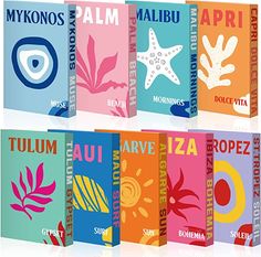 six books with different colors and designs on them