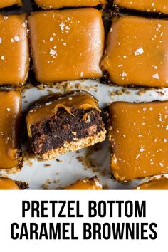 there are several pieces of caramel brownies on the plate with text overlay