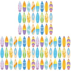 a large group of colorful surfboards with different shapes and colors on them, all lined up in the same pattern