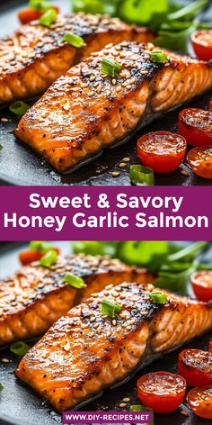 two pictures of salmon and tomatoes with the title sweet & savory honey garlic salmon