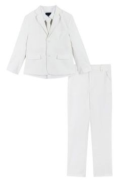 Suave and sophisticated, a classic suit for your dapper little one is made from a lightweight blend in a modern fit. A button-up shirt, flat-front pants and a crisp tie complete the look. Includes jacket, pants, shirt and tie Shirt is 100% cotton; jack and pants are 80% polyester, 20% rayon Machine wash, tumble dry Imported Tailored White Sets For Spring, White Tailored Sets For Spring, White Notch Lapel Tuxedo For Spring, White Notch Lapel Sets For Spring, Formal Fitted Uniform Sets, Tailored White Business Sets, White Tuxedo Business Set, White Business Sets For Spring, White Spring Business Sets