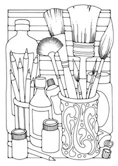 a black and white drawing of brushes in a vase with the words, click here full resolution