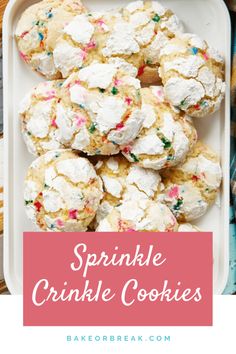 sprinkle crinkle cookies in a white tray with pink and green border