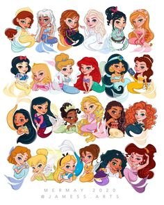 many different princesses are grouped together in the same drawing style, and each has their own name on it