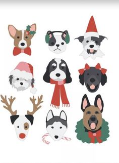 a group of dogs wearing christmas hats and scarves with antlers on their heads