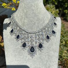 Handmade Style: Necklace Material: Platinum Plated, Lab Simulated Sapphire and White Sapphire Stones Imported Item Number: 6775N Sapphire Stones, Sapphire Stone, Sapphire Blue, Style Necklace, Drop Necklace, Handmade Fashion, White Sapphire, Necklace Earring Set, Item Number