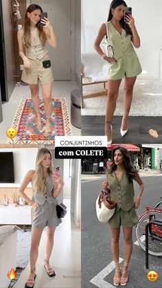 four different pictures of women in short outfits and one is taking a selfie with her cell phone