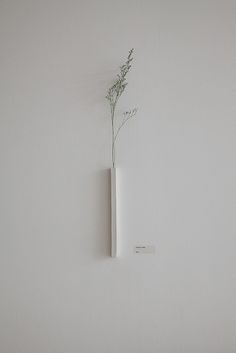 there is a white vase with a plant in it on the wall next to a sign